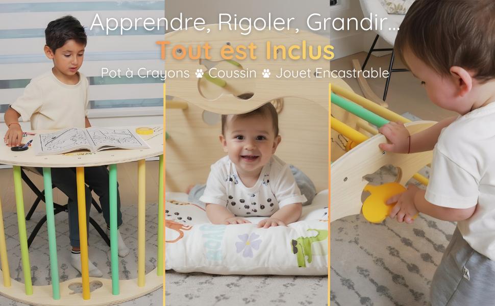 Accessoires inclus Savan’Arc : coussin Montessori et pot à crayons en bois