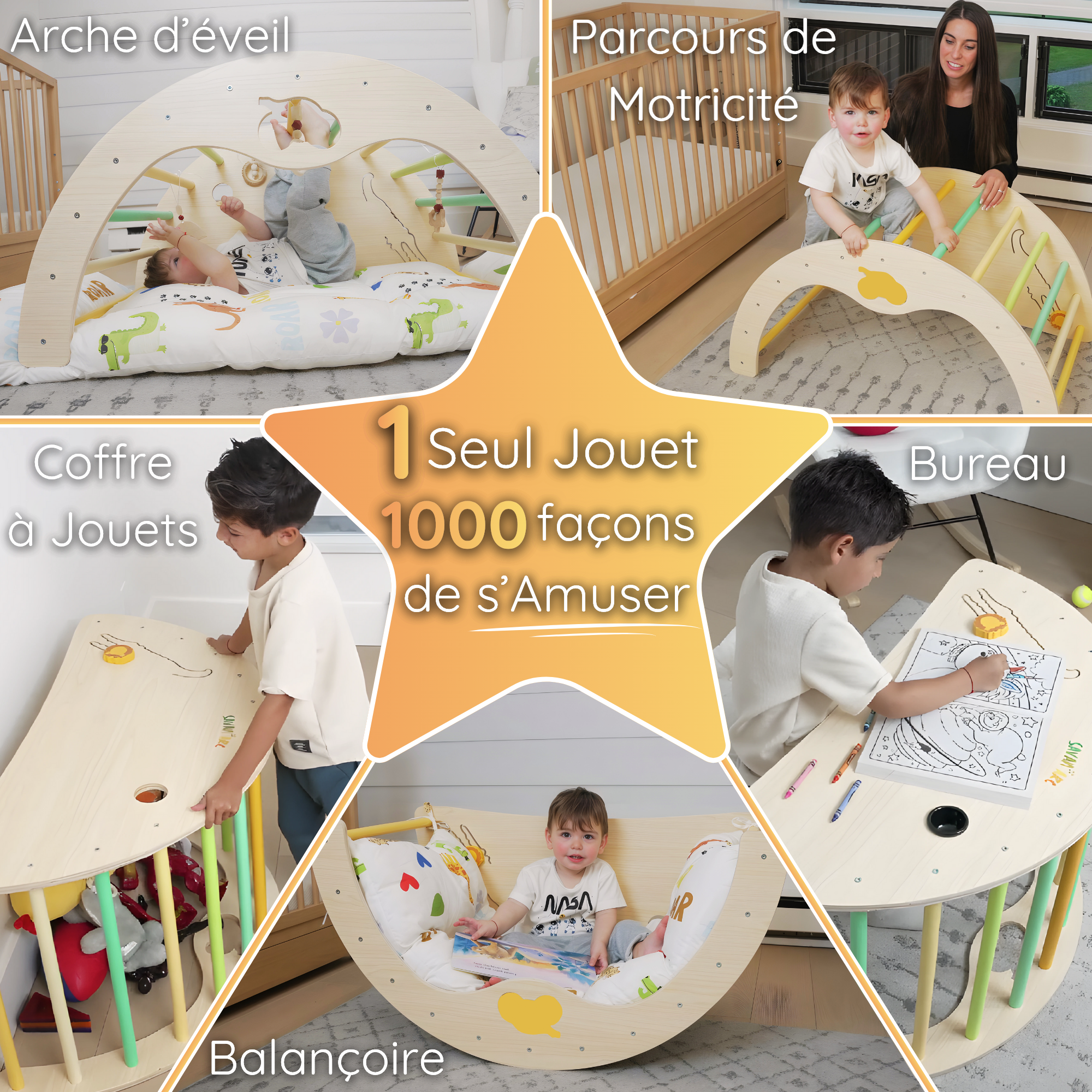 Arche Montessori Savan’Arc utilisée en balançoire en bois – motricité libre